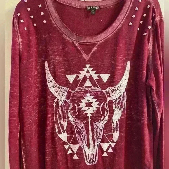 Express burgundy tie dye southwestern print studded long sleeve top. Medium - Picture 2 of 6